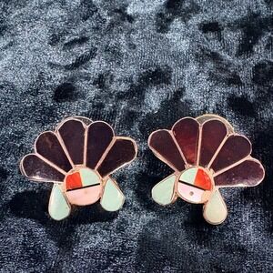 Native American Turquoise Coral Sterling Silver Zuni Sun Face Earrings